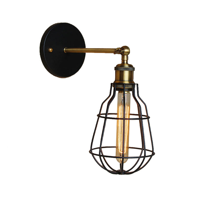 Industrial Black Metal Mini Wall Light Fixture For Bedroom - Cylinder/Teardrop Caged Mount Lighting