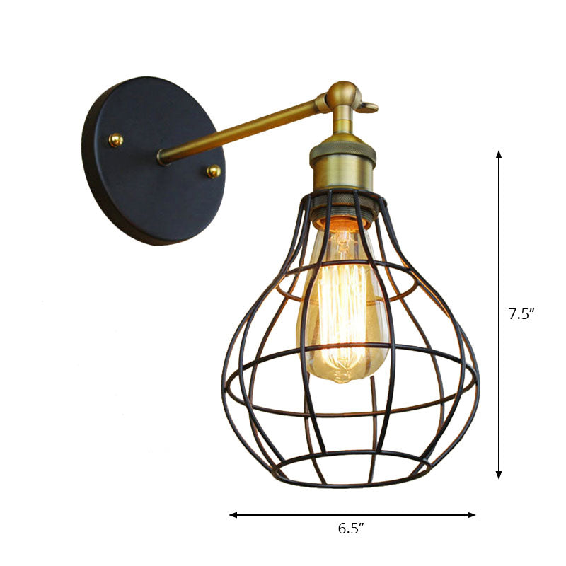 Industrial Black Metal Mini Wall Light Fixture For Bedroom - Cylinder/Teardrop Caged Mount Lighting