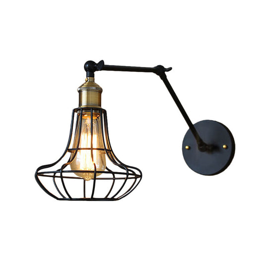 Modern Black Metal Wall Sconce With Adjustable Arm And Cage Shade - Retro Style Lighting 1 Light