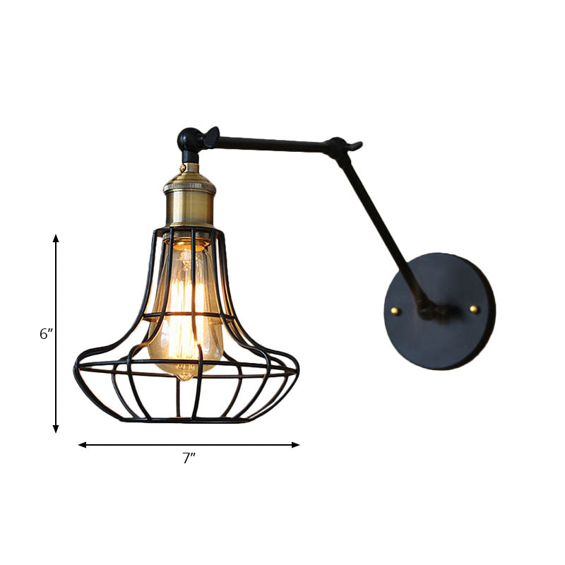 Modern Black Metal Wall Sconce With Adjustable Arm And Cage Shade - Retro Style Lighting 1 Light