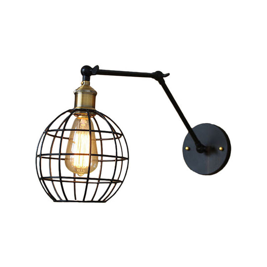 Modern Black Metal Wall Sconce With Adjustable Arm And Cage Shade - Retro Style Lighting 1 Light