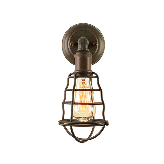 Farmhouse Rust Finish Mini Wall Lamp With Cage Shade - Antique Style Iron 1-Light Mount Lighting