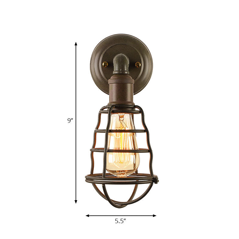 Farmhouse Rust Finish Mini Wall Lamp With Cage Shade - Antique Style Iron 1-Light Mount Lighting