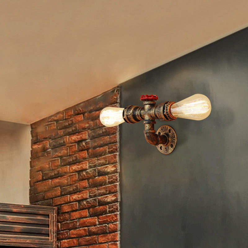 Warehouse Style 2-Head Wall Light Fixture With Bronze/Antique Brass Finish - Wrought Iron Sconce