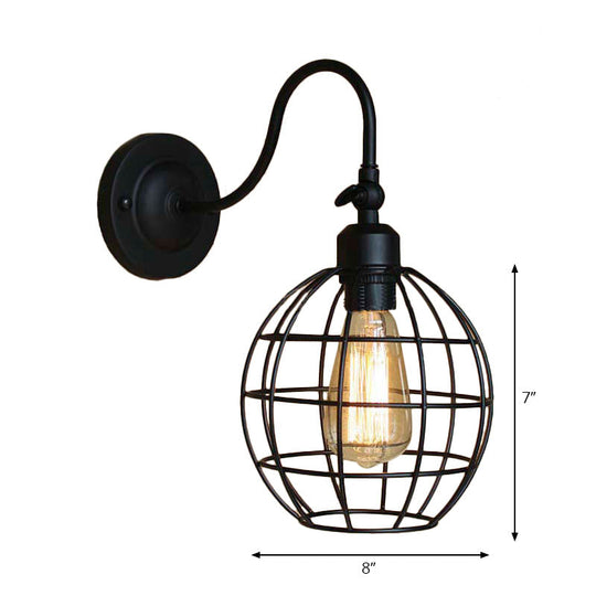 Retro Style Black Globe Wall Mount Light With Gooseneck Arm - Bedroom Mini Lamp