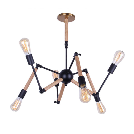 Lodge Style Open Bulb Chandelier: Adjustable 6/8-Head Wood And Metal Ceiling Light Fixture