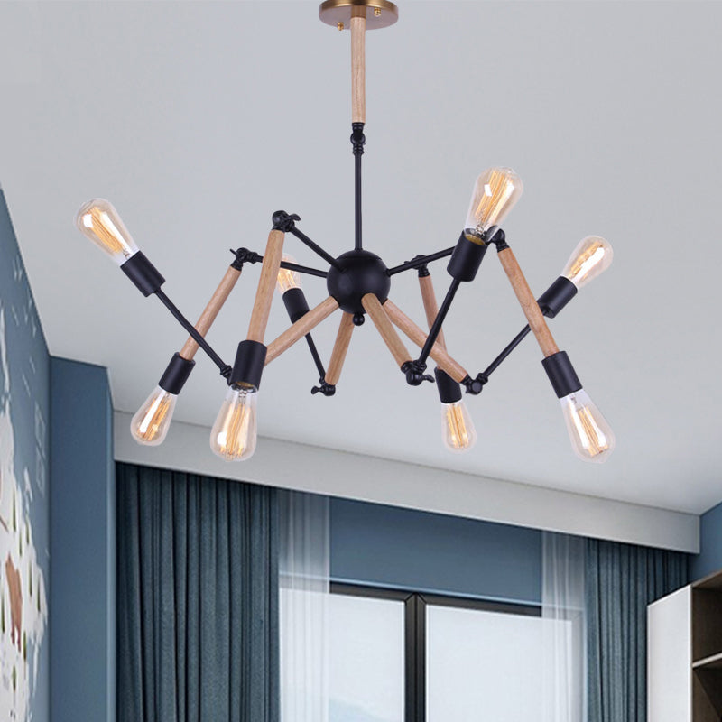 Lodge Style Open Bulb Chandelier: Adjustable 6/8-Head Wood And Metal Ceiling Light Fixture