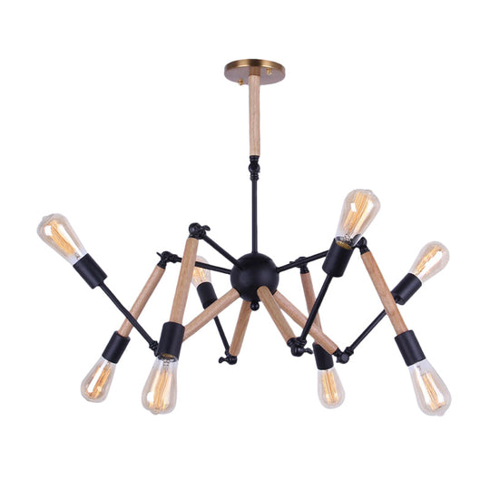 Lodge Style Open Bulb Chandelier: Adjustable 6/8-Head Wood And Metal Ceiling Light Fixture