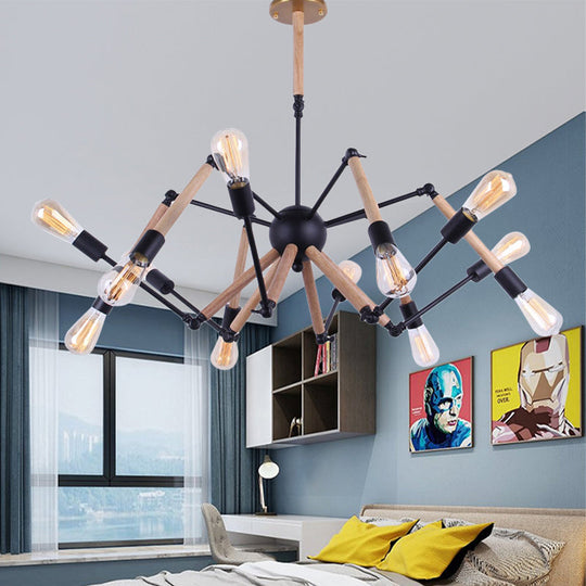 Lodge Style Open Bulb Chandelier: Adjustable 6/8-Head Wood And Metal Ceiling Light Fixture