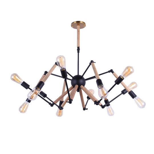 Lodge Style Open Bulb Chandelier: Adjustable 6/8-Head Wood And Metal Ceiling Light Fixture