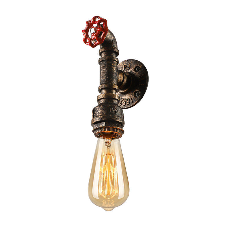 Bronze Water Pipe Wall Sconce Light: Farmhouse Style With Red Valve