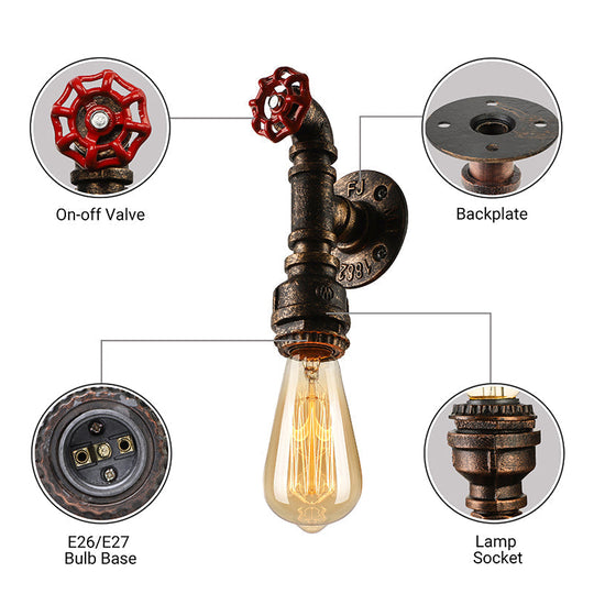 Bronze Water Pipe Wall Sconce Light: Farmhouse Style With Red Valve