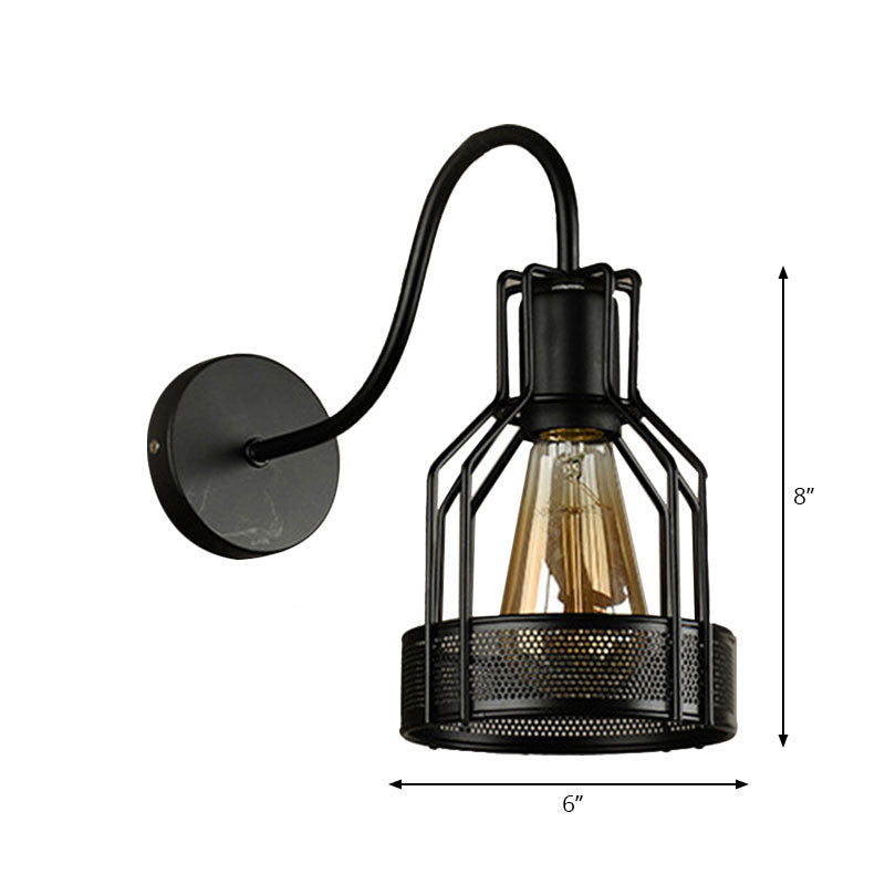 Gooseneck Arm Black Metal Wall Mount Light - Bottle Cage Industrial Sconce Lighting