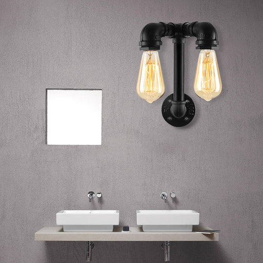 Industrial Wall Mounted Lamp With 2 Open Bulbs And Pipe Design In Bronze/Black For Bathroom Black