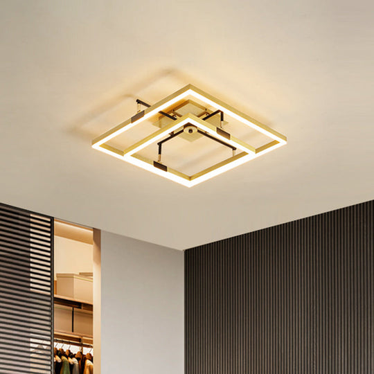 Modernist Led Metallic Flush Mount Lamp: Gold 2-Square Semi Light In Warm/White - 19.5/23.5 Width