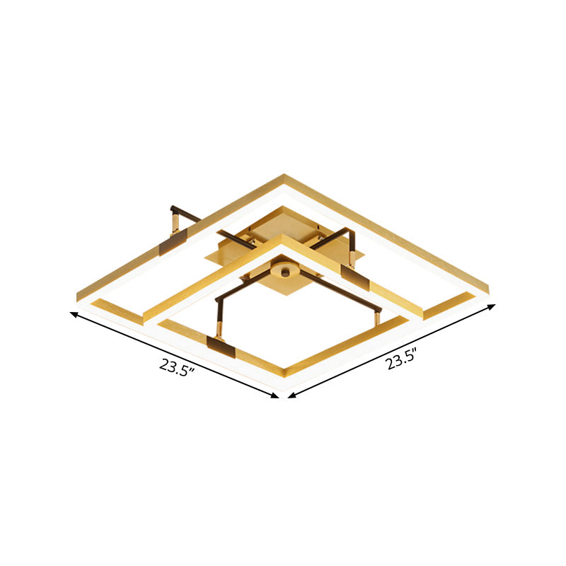 Modernist Led Metallic Flush Mount Lamp: Gold 2-Square Semi Light In Warm/White - 19.5/23.5 Width