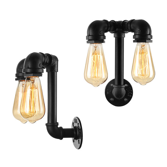 Industrial Wall Mounted Lamp With 2 Open Bulbs And Pipe Design In Bronze/Black For Bathroom