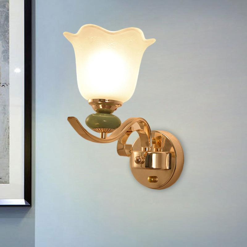 Retro Floral Bedside Wall Lamp With Milky Glass Shade | Gold Mounted Scroll Arm Design 1/2-Light 1 /