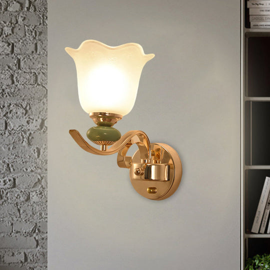 Retro Floral Bedside Wall Lamp With Milky Glass Shade | Gold Mounted Scroll Arm Design 1/2-Light