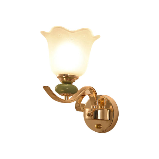 Retro Floral Bedside Wall Lamp With Milky Glass Shade | Gold Mounted Scroll Arm Design 1/2-Light