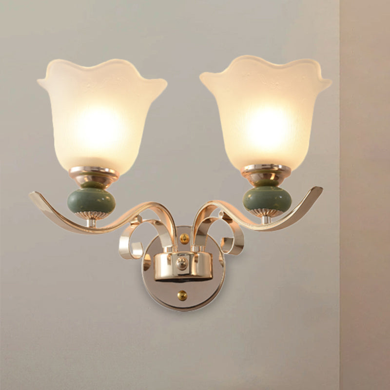 Retro Floral Bedside Wall Lamp With Milky Glass Shade | Gold Mounted Scroll Arm Design 1/2-Light