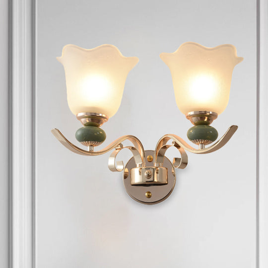 Retro Floral Bedside Wall Lamp With Milky Glass Shade | Gold Mounted Scroll Arm Design 1/2-Light