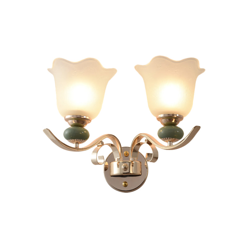 Retro Floral Bedside Wall Lamp With Milky Glass Shade | Gold Mounted Scroll Arm Design 1/2-Light