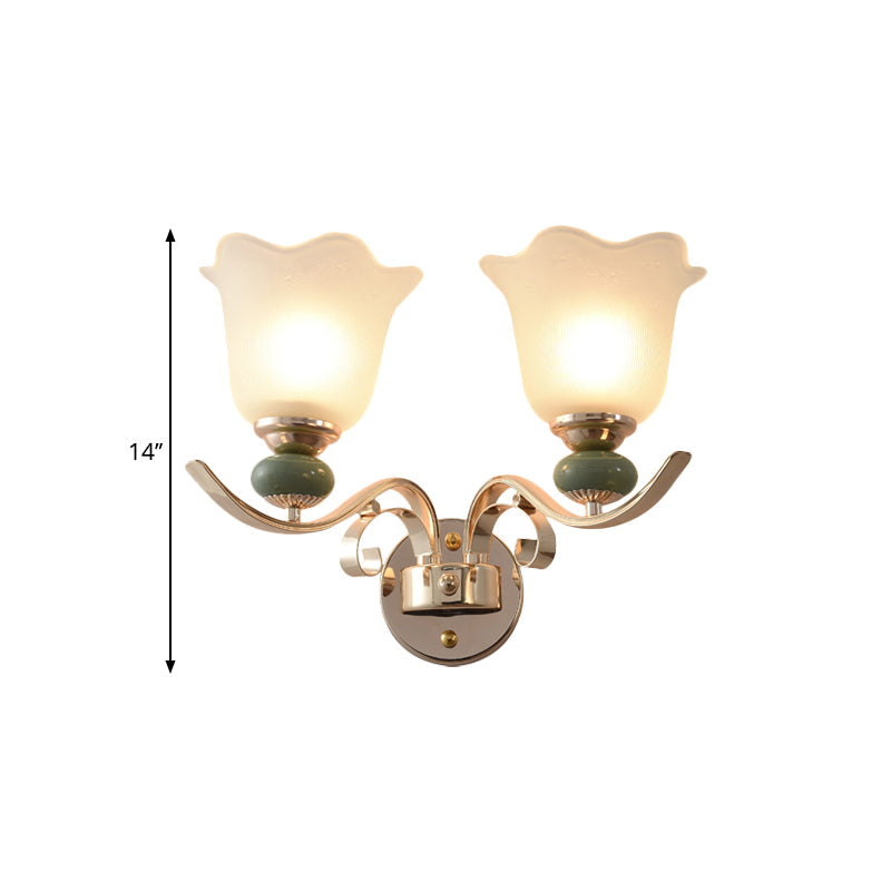 Retro Floral Bedside Wall Lamp With Milky Glass Shade | Gold Mounted Scroll Arm Design 1/2-Light