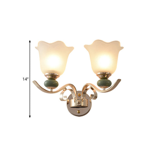 Retro Floral Bedside Wall Lamp With Milky Glass Shade | Gold Mounted Scroll Arm Design 1/2-Light