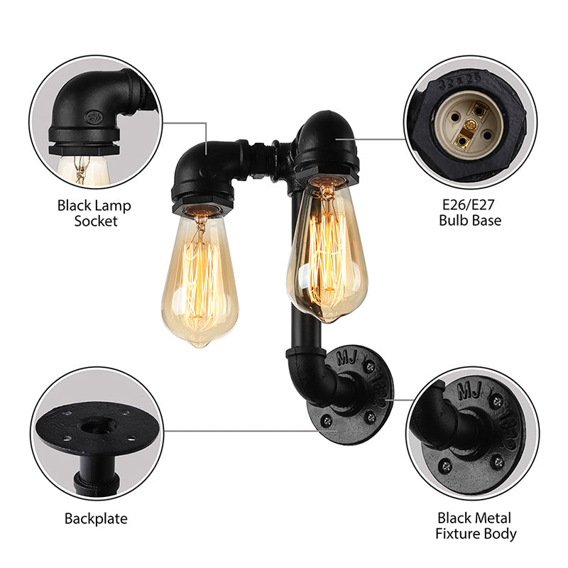 Industrial Wall Mounted Lamp With 2 Open Bulbs And Pipe Design In Bronze/Black For Bathroom