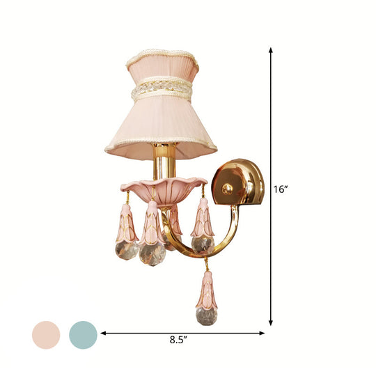 Kids Fabric Cone Wall Mount Light - Pink/Blue Lamp With Crystal Orbit Decor