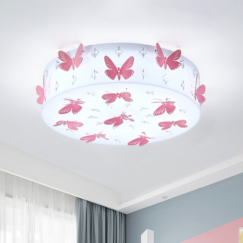 Cartoon Dragonfly LED Flush Mount Light Fixture in Pink Fabric with Warm/White Light