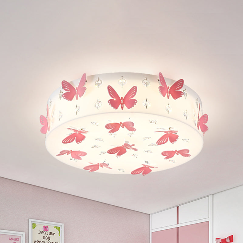 Cartoon Dragonfly LED Flush Mount Light Fixture in Pink Fabric with Warm/White Light