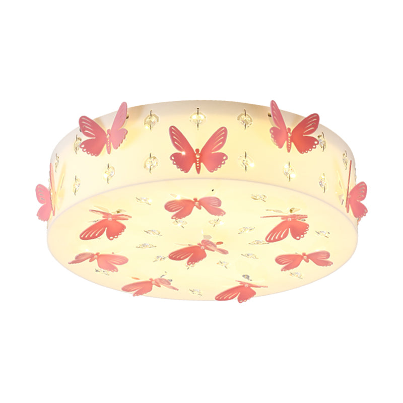 Cartoon Dragonfly LED Flush Mount Light Fixture in Pink Fabric with Warm/White Light