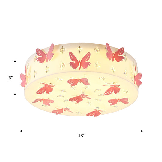 Cartoon Dragonfly LED Flush Mount Light Fixture in Pink Fabric with Warm/White Light