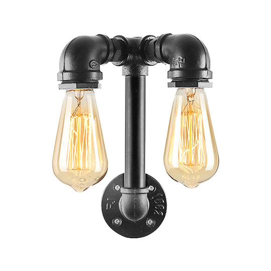 Industrial Wall Mounted Lamp With 2 Open Bulbs And Pipe Design In Bronze/Black For Bathroom