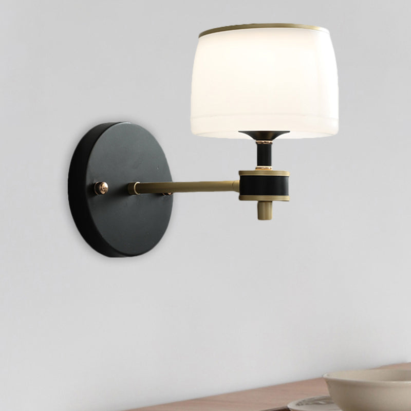 Farmhouse White Glass Wall Sconce With Barrel Design And Black Base - Perfect For Adult Bedrooms 1