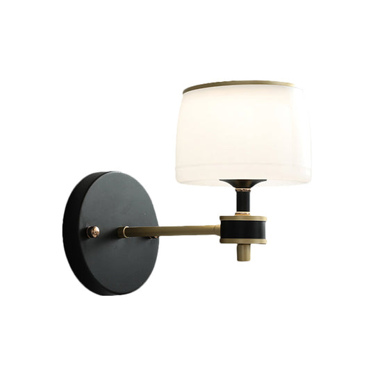 Farmhouse White Glass Wall Sconce With Barrel Design And Black Base - Perfect For Adult Bedrooms 1