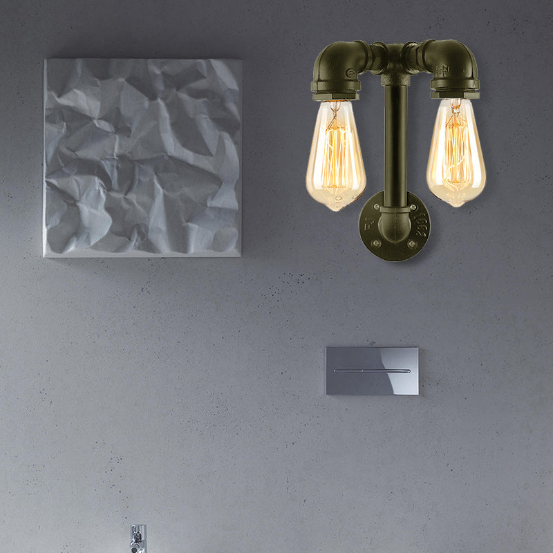 Industrial Wall Mounted Lamp With 2 Open Bulbs And Pipe Design In Bronze/Black For Bathroom Brass