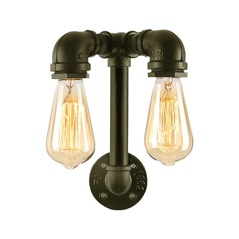 Industrial Wall Mounted Lamp With 2 Open Bulbs And Pipe Design In Bronze/Black For Bathroom