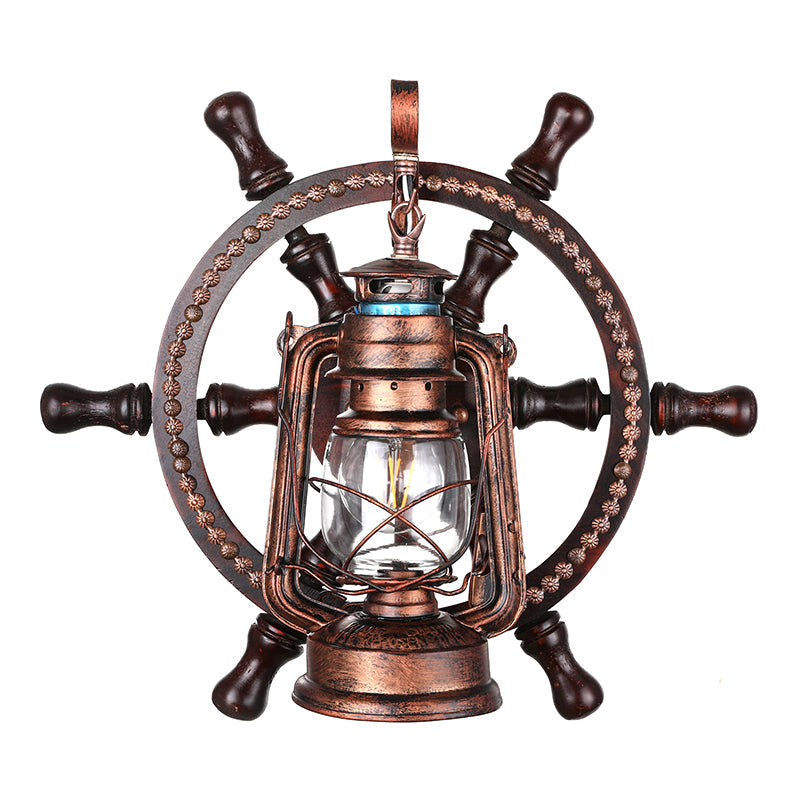 Coastal Clear Glass Kerosene Wall Sconce: Weathered Copper Bedroom Light Fixture With Wheel