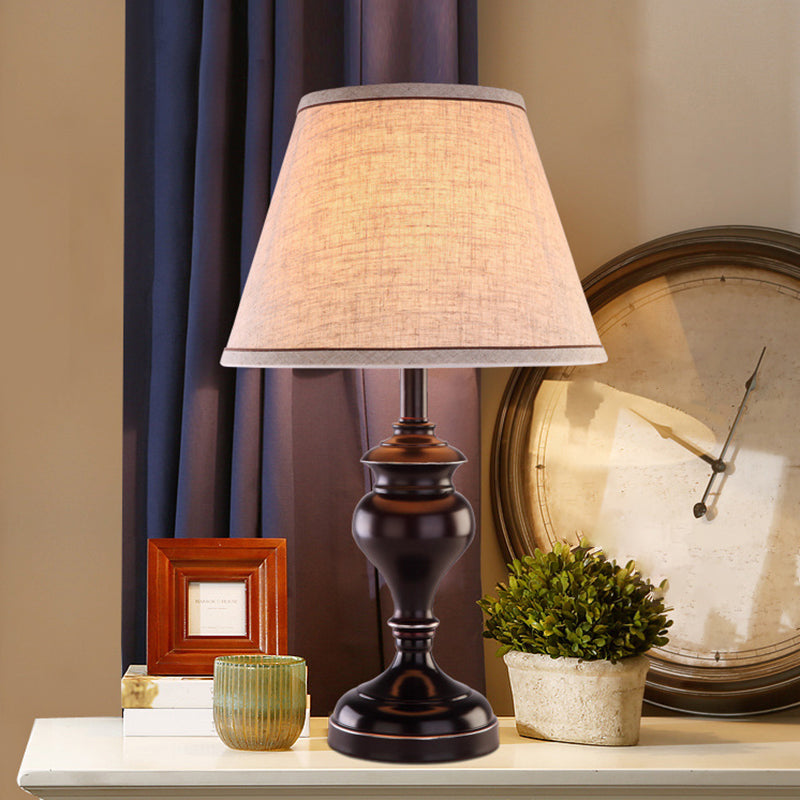 1-Light Brown Reading Lamp - Tapered Fabric Nightstand Lighting For Bedroom