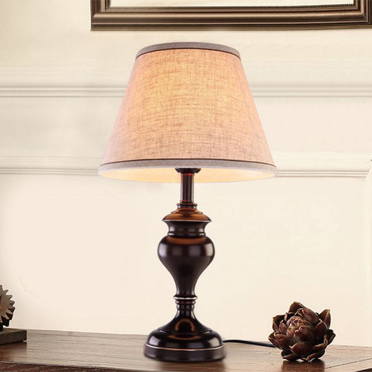 1-Light Brown Reading Lamp - Tapered Fabric Nightstand Lighting For Bedroom