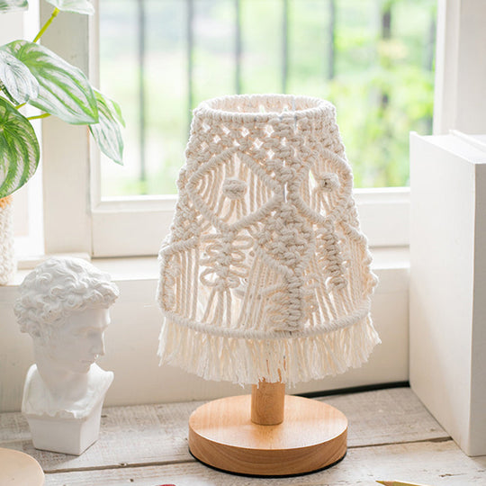 Modernistic Conical Nightstand Lamp: Fabric Shade White Reading Light With Fringe Décor