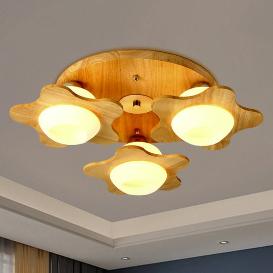 Semi Mount Wood Floral Flushmount Lighting With Beige Milk Glass Shade - Modern 3/5 Lights