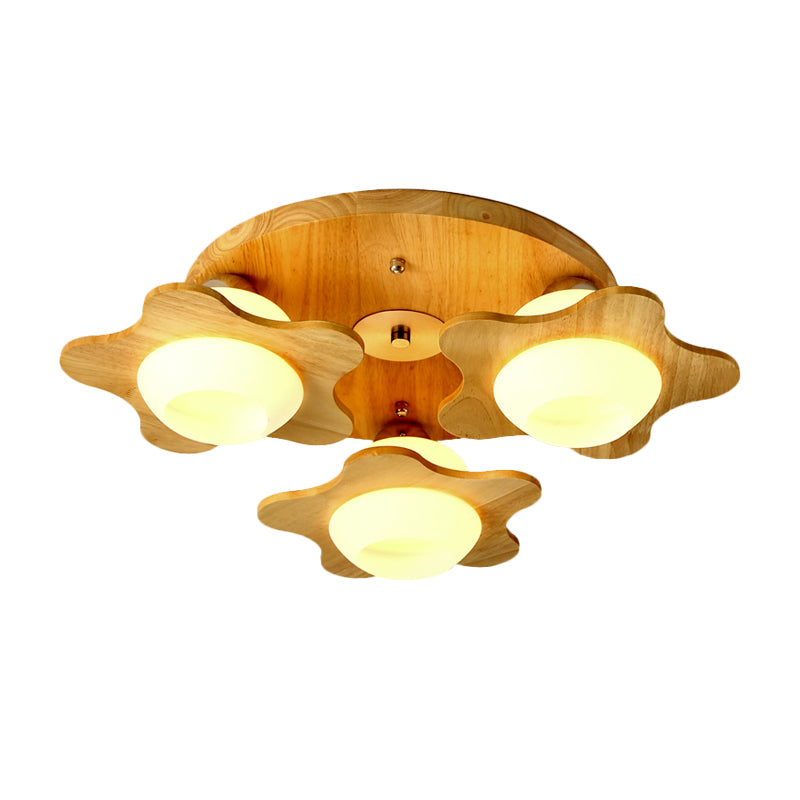 Semi Mount Wood Floral Flushmount Lighting With Beige Milk Glass Shade - Modern 3/5 Lights