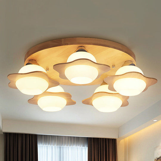 Semi Mount Wood Floral Flushmount Lighting With Beige Milk Glass Shade - Modern 3/5 Lights 5 /