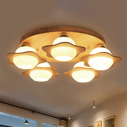 Semi Mount Wood Floral Flushmount Lighting With Beige Milk Glass Shade - Modern 3/5 Lights