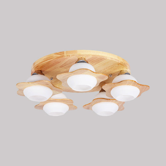 Semi Mount Wood Floral Flushmount Lighting With Beige Milk Glass Shade - Modern 3/5 Lights