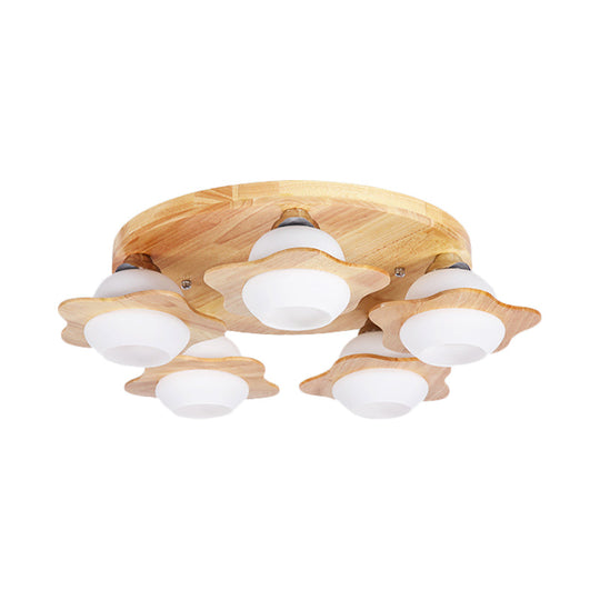 Semi Mount Wood Floral Flushmount Lighting With Beige Milk Glass Shade - Modern 3/5 Lights